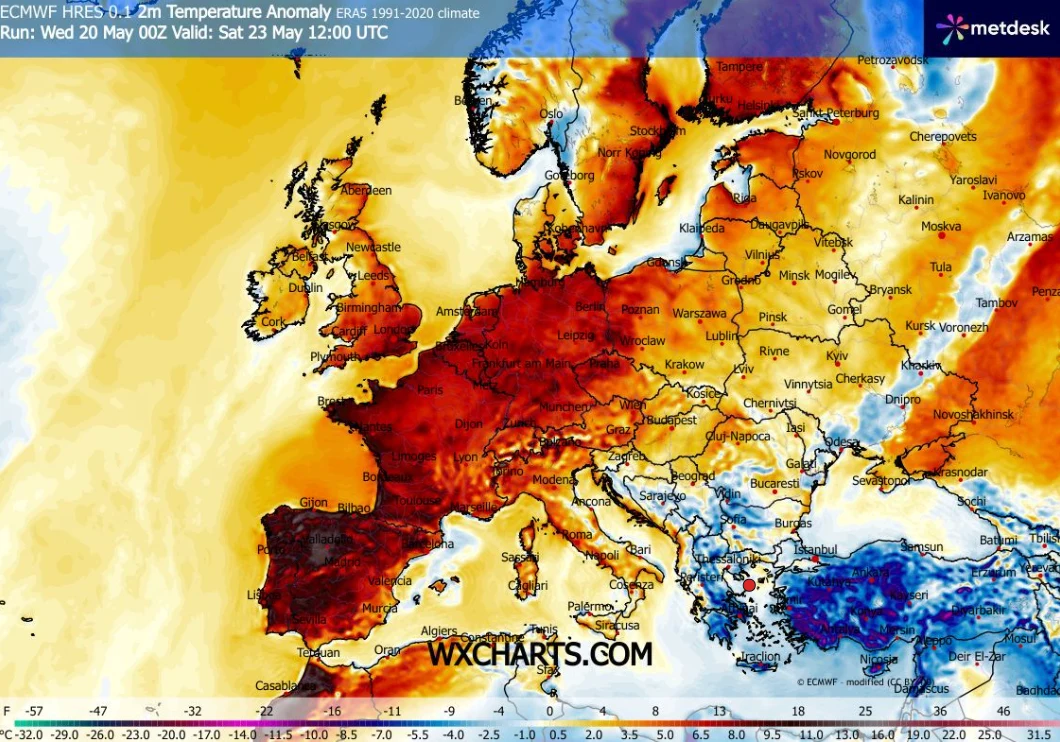 Największe szanse na upał w weekend będą na zachodzie Polski. To może być najcieplejszy okres od początku roku Mapa Europy z wyraźnie zaznaczonymi anomaliami temperatury, obejmującymi szczególnie centralną i zachodnią część kontynentu, gdzie przeważają intensywne odcienie czerwieni wskazujące na znacznie wyższe niż zwykle wartości temperatur, podczas gdy na poł...