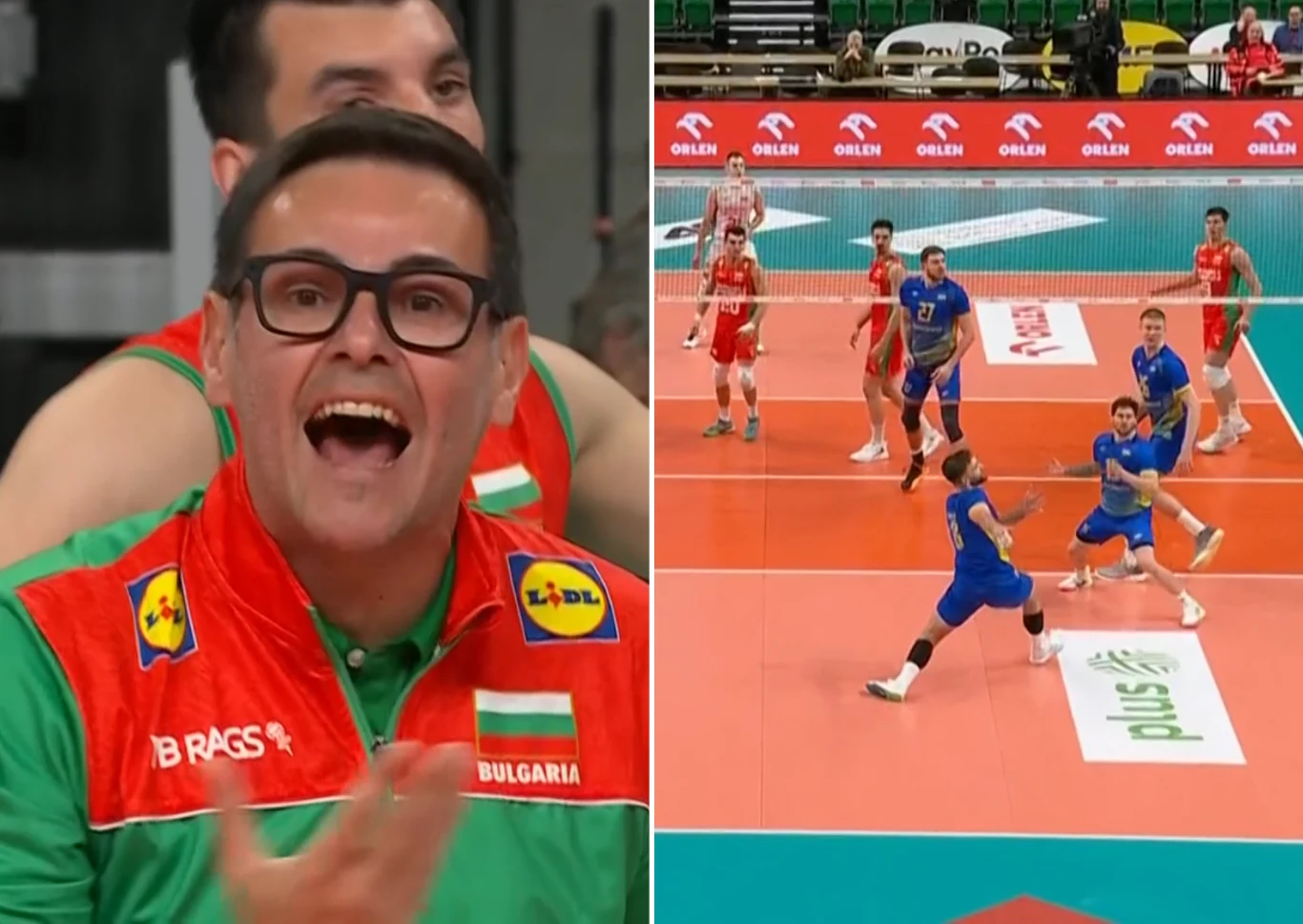 Gianlorenzo Blengini przed Ligą Narodów był w Polsce na turnieju towarzyskim Trener reprezentacji Bułgarii w okularach krzyczy z emocjami, a po drugiej stronie siatki na boisku do siatkówki kilku zawodników w niebieskich i czerwonych strojach walczy o piłkę podczas meczu.