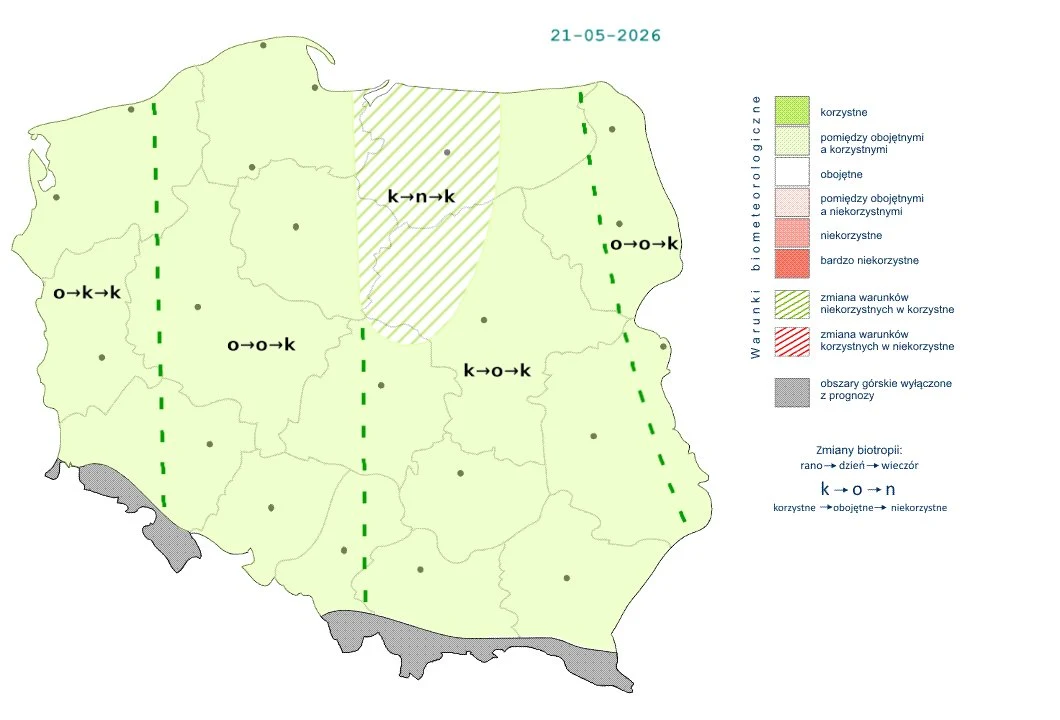 Poza obszarami, nad którymi pojawią się burze, w czwartek pogoda będzie miała na nas korzystny wpływ Mapa Polski z podziałem na regiony przedstawiająca stopień korzystności warunków biometeorologicznych w poszczególnych częściach kraju, oznaczenia graficzne informujące o korzystnych i niekorzystnych warunkach, a także specjalne strefy z przewidywanymi...