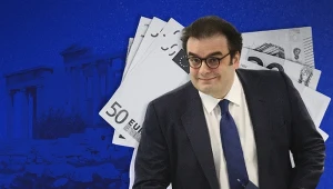 Grecki minister finansów Kyriakos Pierrakakis. Grafika: Magdalena Piasecka