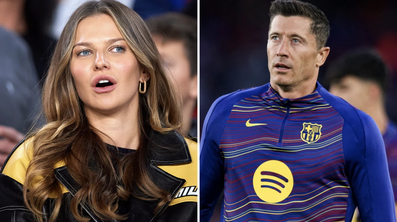 Młoda kobieta z długimi, falowanymi włosami ubrana w kurtkę z żółtymi akcentami oraz mężczyzna w granatowej koszulce sportowej z logo Spotify, stojący na tle stadionu.
