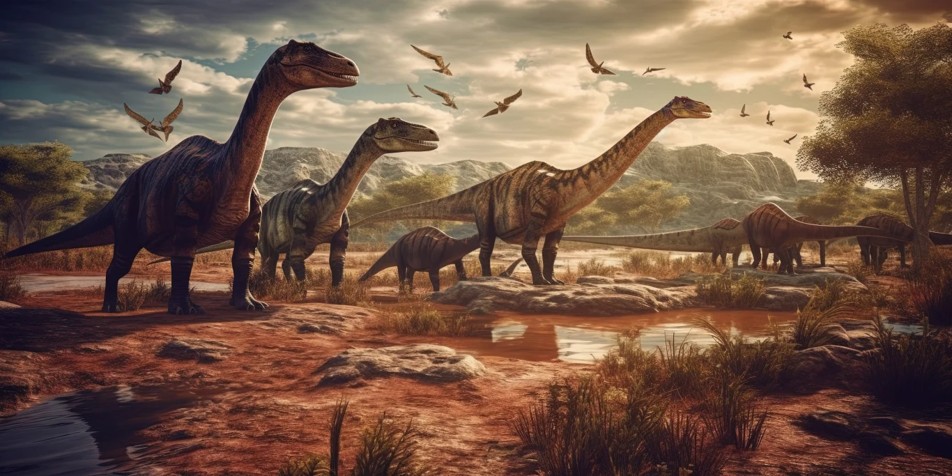 Okazuje się, że ssaki żyły równocześnie z dinozaurami Grupa roślinożernych dinozaurów na czerwonym, skalistym wybrzeżu z ptakami na tle gór i chmur.