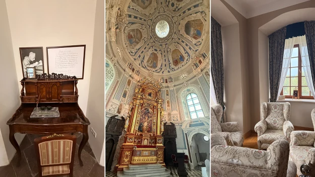 Zabytkowe biurko z grawerowaną maszyną do pisania, bogato zdobiony ołtarz i kopuła kościoła oraz elegancki salon z fotelami w kwiatowe wzory i dużym oknem z zasłonami.