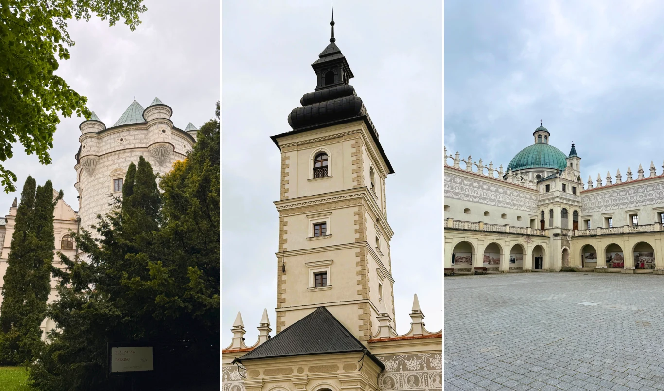 Zamek z białej cegły z charakterystyczną wieżą oraz zieloną kopułą, otoczony dziedzińcem i ozdobnymi attykami, z detalami architektonicznymi stylu renesansowego.