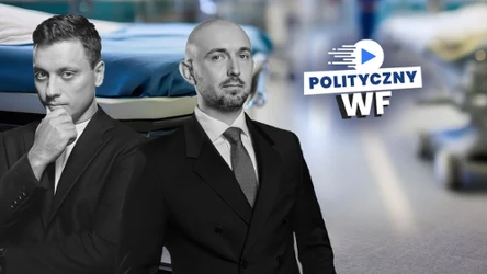 Dwóch mężczyzn w garniturach stoi na tle szpitalnych łóżek, obok logo programu "Polityczny WF".