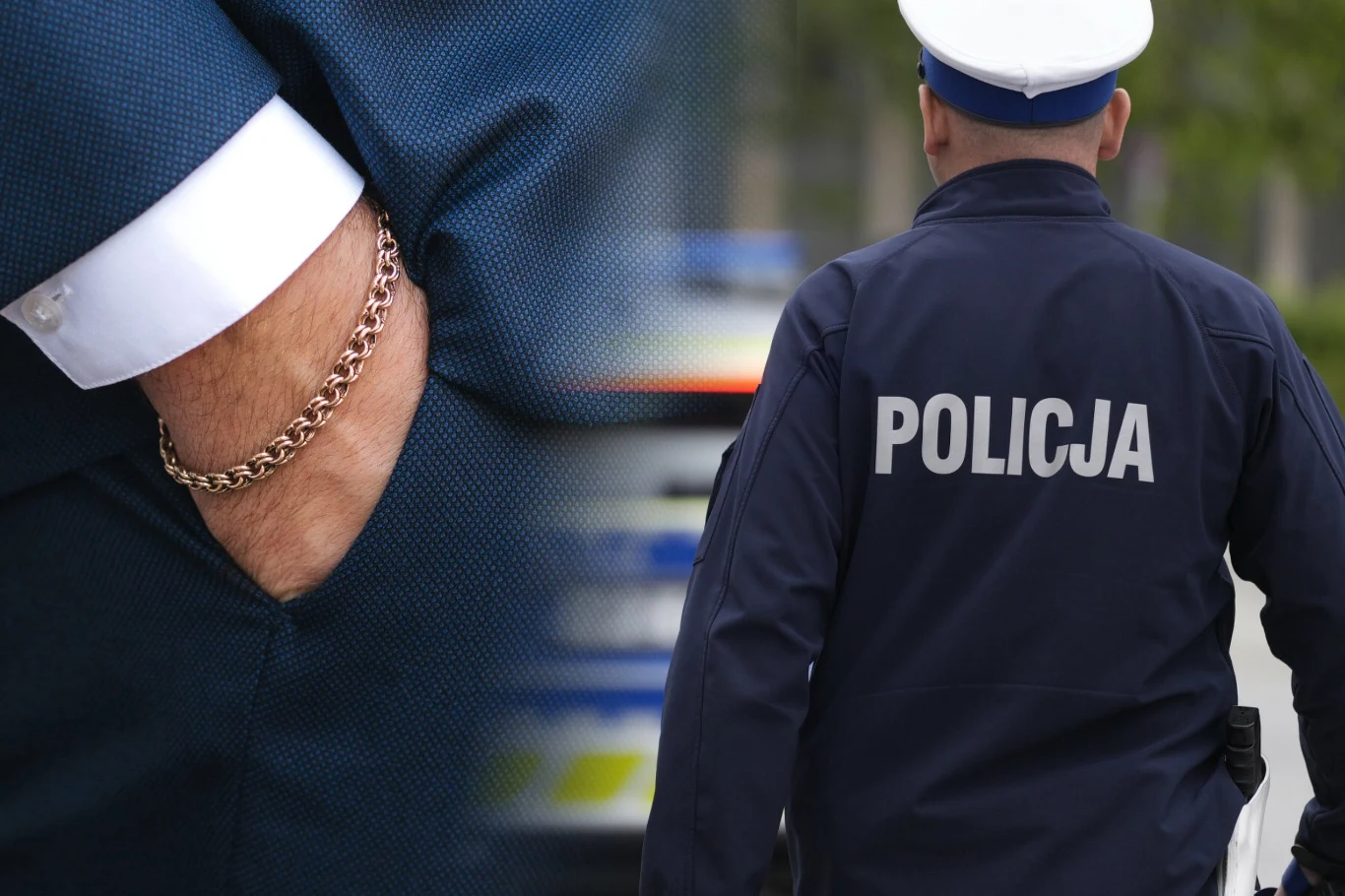 Były policjant ukradł złotą bransoletkę, prokuratura chce wyroku bez rozprawy (zdj. ilustracyjne) Mężczyzna w garniturze z bransoletą na nadgarstku oraz policjant w mundurze z napisem "Policja" na plecach