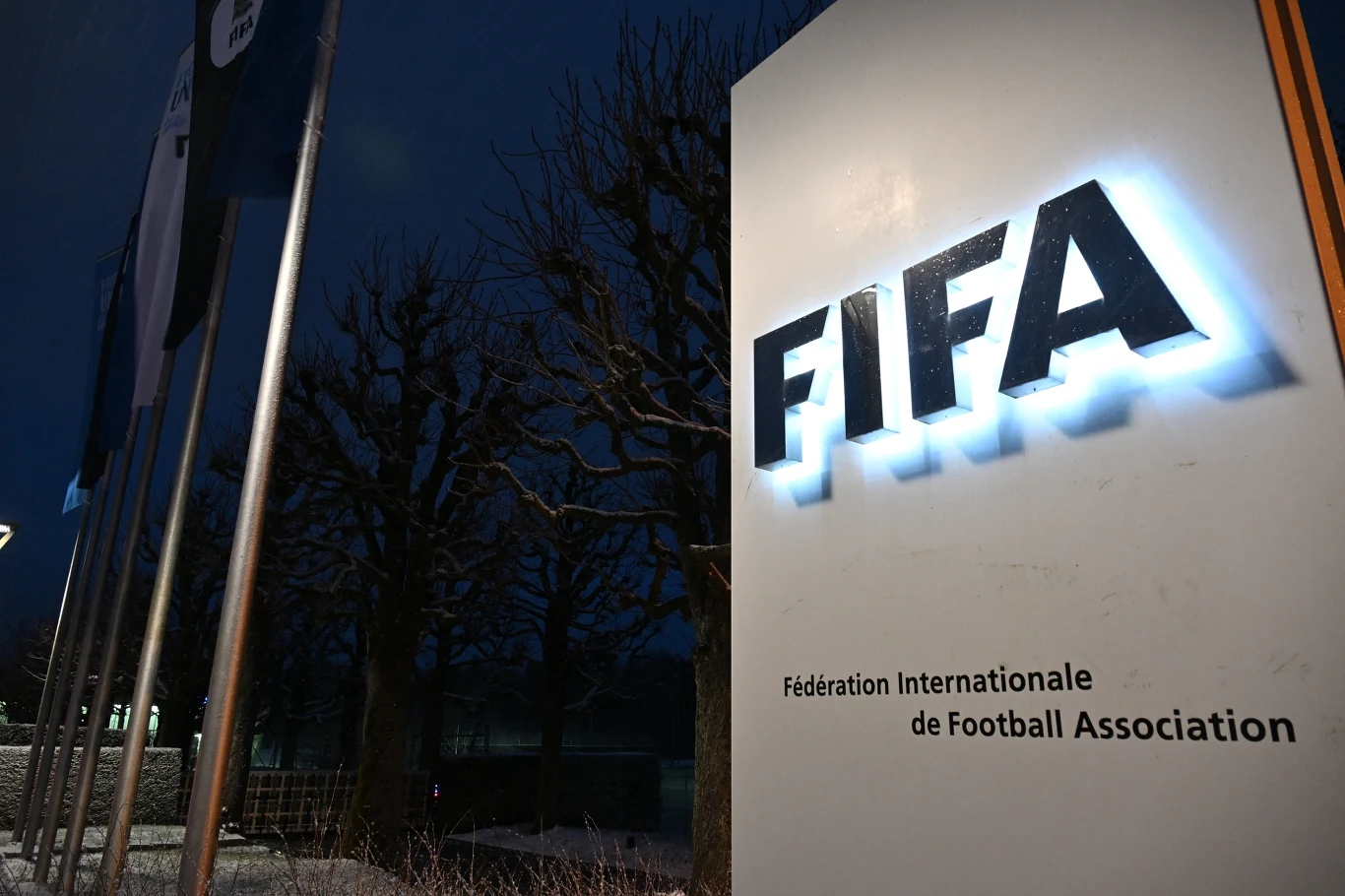 Podświetlone logo FIFA na białym tle obok grupy flag na tle nocnego nieba i bezlistnych drzew.