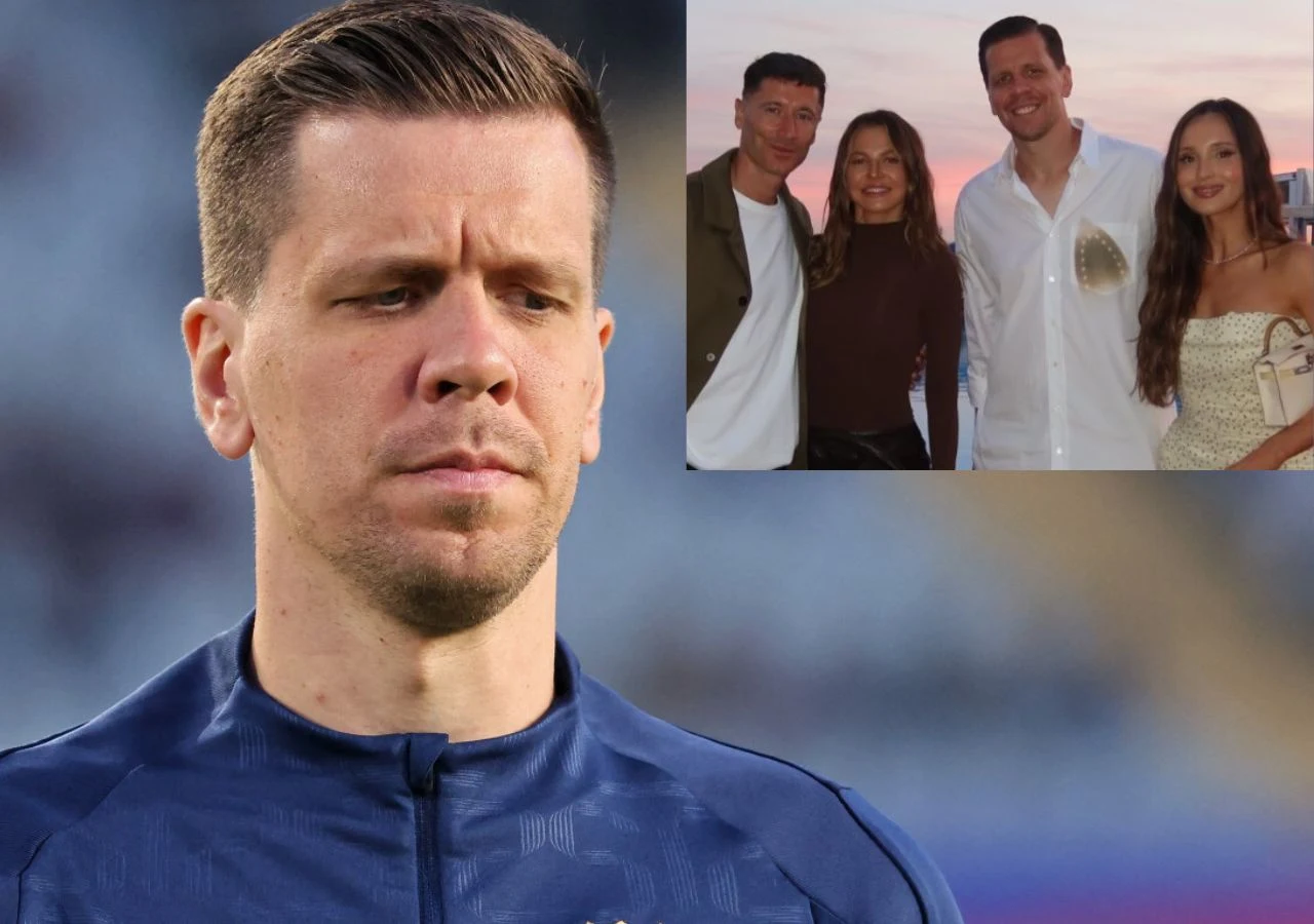Mężczyzna w sportowej kurtce patrzy poważnie w dal, a w prawym górnym rogu widoczna jest wstawka z czterema osobami pozującymi razem podczas zachodu słońca.
