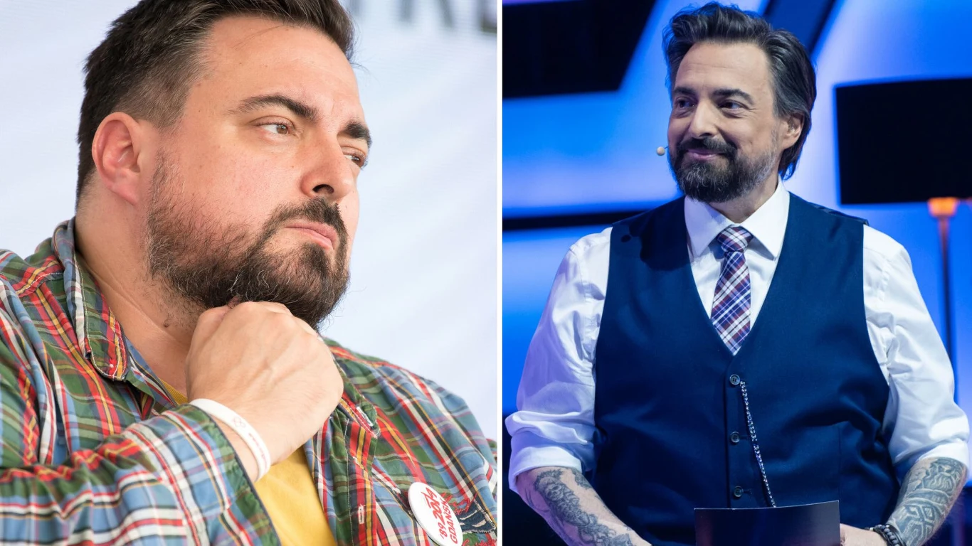 Tomasz Sekielski schudł niemal 100 kg. W jego przypadku konieczna była operacja zmniejszania żołądka Dwie różne sceny z udziałem mężczyzny z brodą: po lewej stronie nosi casualową koszulę w kratę i spogląda zamyślony w bok, po prawej ubrany elegancko w granatowy garnitur, koszulę i kamizelkę, uśmiecha się podczas oficjalnego wydarzenia.