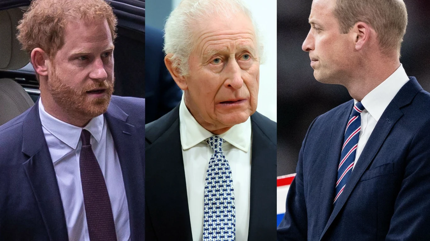 Książę Harry, król Karol III i książę William. Książę Harry, król Karol III oraz książę William w formalnych strojach.