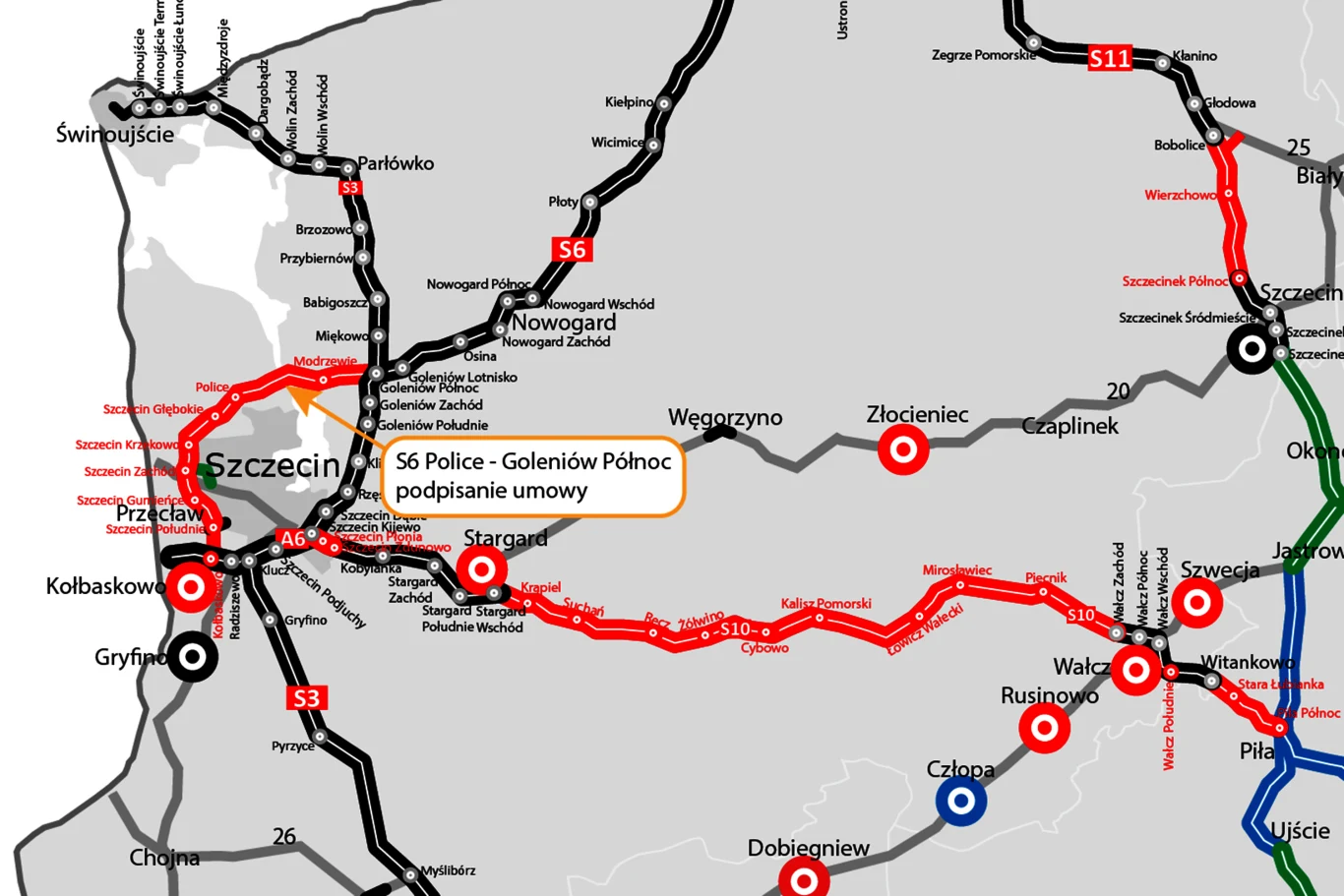 Mapa zachodniej części województwa zachodniopomorskiego z wyróżnioną na czerwono trasą S6 na odcinku Police – Goleniów Północ oraz zaznaczeniem głównych węzłów drogowych i miast takich jak Szczecin, Gryfino, Stargard i Kołbaskowo.