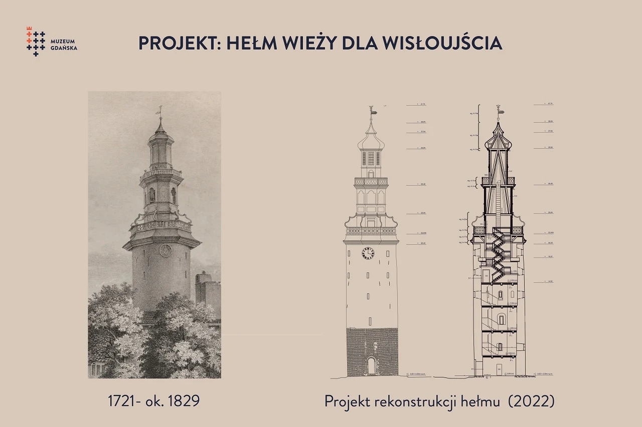 Porównanie historycznego rysunku wieży z ok. 1829 roku z nowoczesną dokumentacją techniczną projektu rekonstrukcji zwieńczenia wieży Wisłoujście, ukazujące szczegóły architektoniczne oraz różnice w opracowaniu detali konstrukcyjnych.