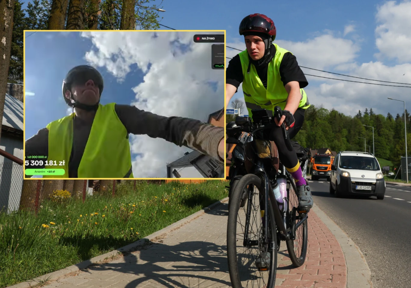 Łatwogang na trasie do Gdańska. W woj. łódzkim było blisko stłuczki Rowerzysta w jaskrawożółtej kamizelce i kasku jedzie ulicą w woj. łódzkim, obok przejeżdżają samochody.