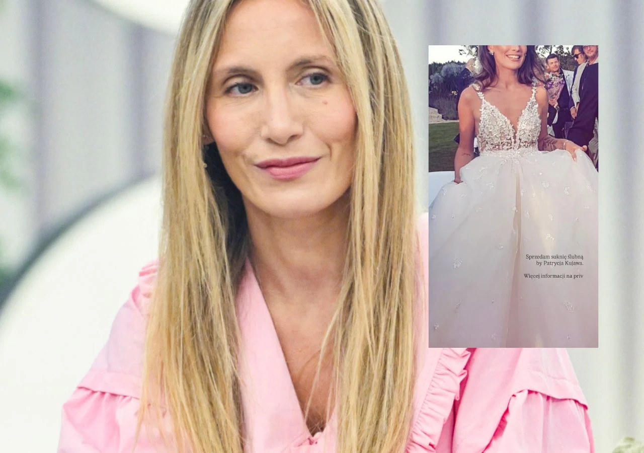 Kobieta o długich blond włosach ubrana w różową bluzkę z delikatnym uśmiechem na twarzy; nałożone zdjęcie prezentuje osobę w eleganckiej, zdobionej sukni ślubnej.