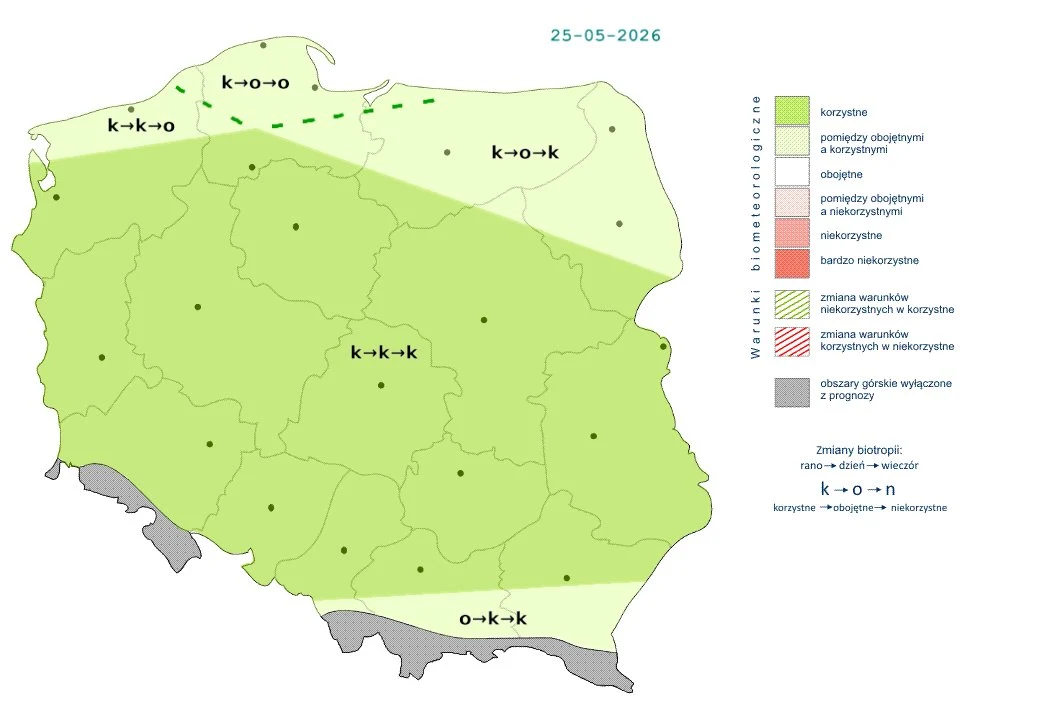 Niemal wszędzie w ciągu dnia pogoda będzie korzystnie wpływać na nasz organizm Mapa Polski z zaznaczonymi strefami korzystnego i niekorzystnego terminu siewu kukurydzy oraz symbolami przedstawiającymi przewidywane zmiany biologiczne na dzień 25.05.2026; dominująca kolorystyka w odcieniach zieleni i szarości wskazuje na różne stop...