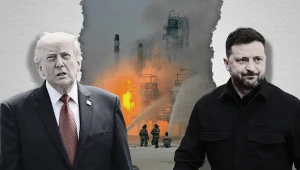 Prezydent USA Donald Trump oraz prezydent Ukrainy Wołodymyr Zełenski, w tle ostrzelana rosyjska rafineria; (kolaż: M.Piasecka/Interia)
