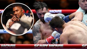 Ołeksandr Usyk otrzymujący cios od Rico Verhoevena. W kółku Anthony Joshua