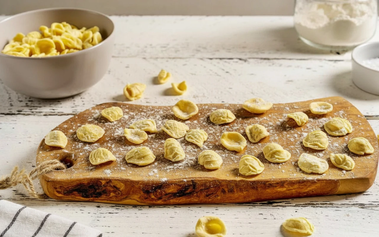 Świeżo przygotowane orecchiette rozmieszczone na drewnianej desce do krojenia, oprószone mąką, obok miska z gotowymi makaronikami.
