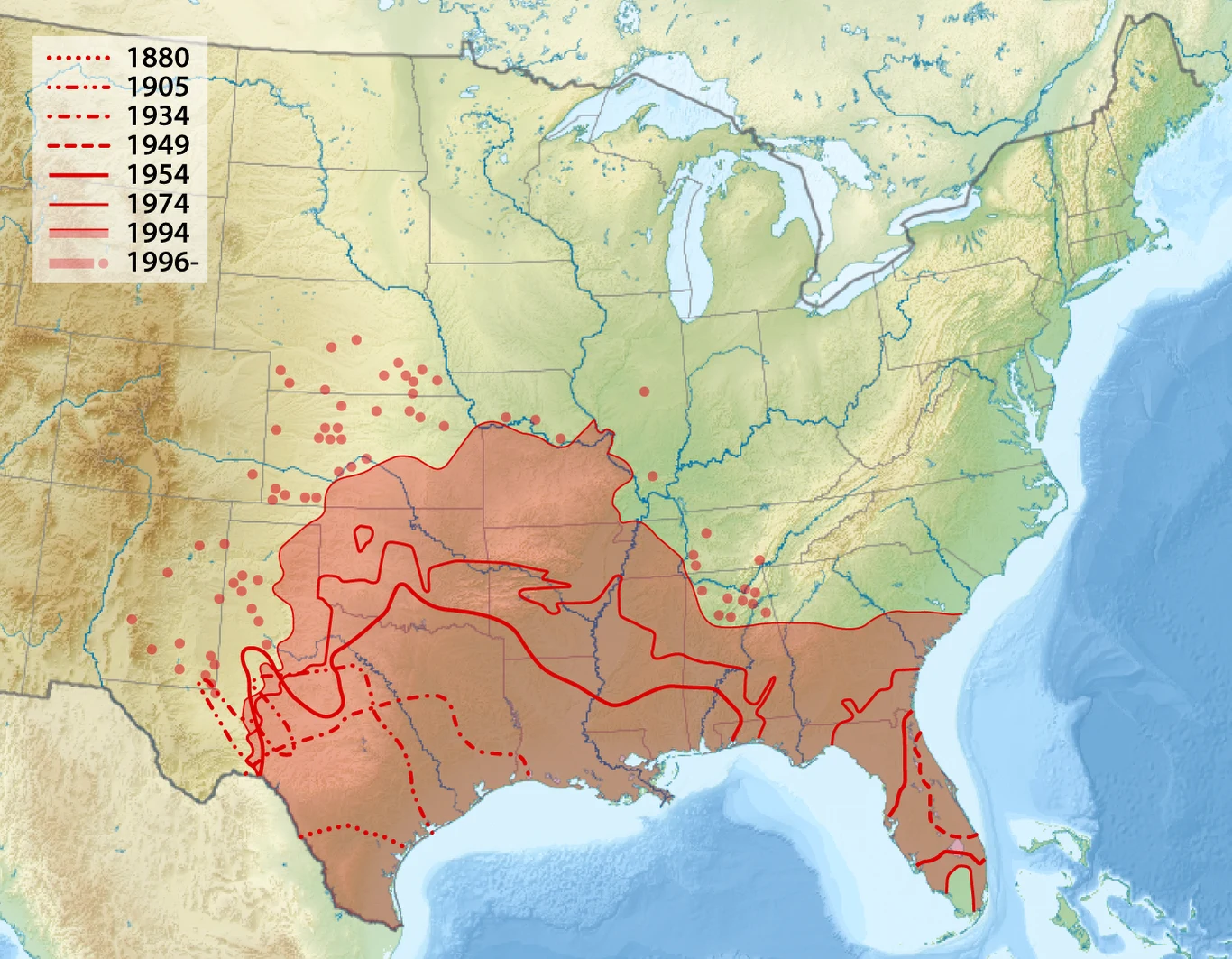 Tak powiększał się zasięg pancernika dziewięciopaskowego w USA w ostatnich 150 latach Mapa rozszerzania się zasięgu mrówek ognistych w południowej i wschodniej części Stanów Zjednoczonych, przedstawiająca kolejne granice rozprzestrzeniania się tego gatunku od końca XIX wieku do 1996 roku, zilustrowane liniami o różnej grubości i stylu o...