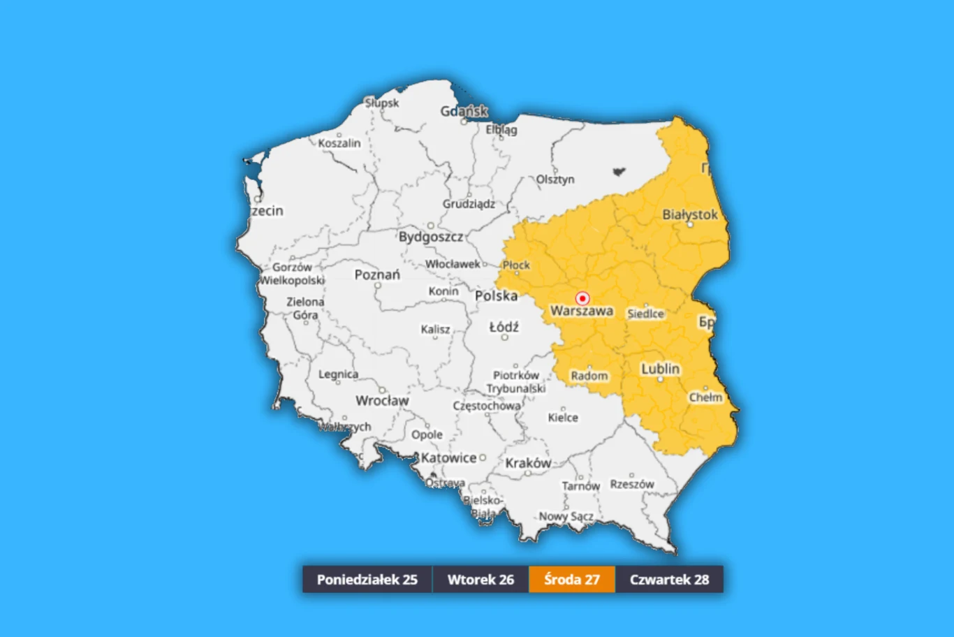 Silny wiatr w środę opanuje wschodnie rejony kraju. Możliwe będą ostrzeżenia pierwszego stopnia z tego powodu Mapa Polski z wyróżnionym na żółto wschodnim regionem obejmującym województwa mazowieckie, podlaskie i lubelskie oraz datą środa 27 wskazującą na istotne zdarzenie tego dnia.