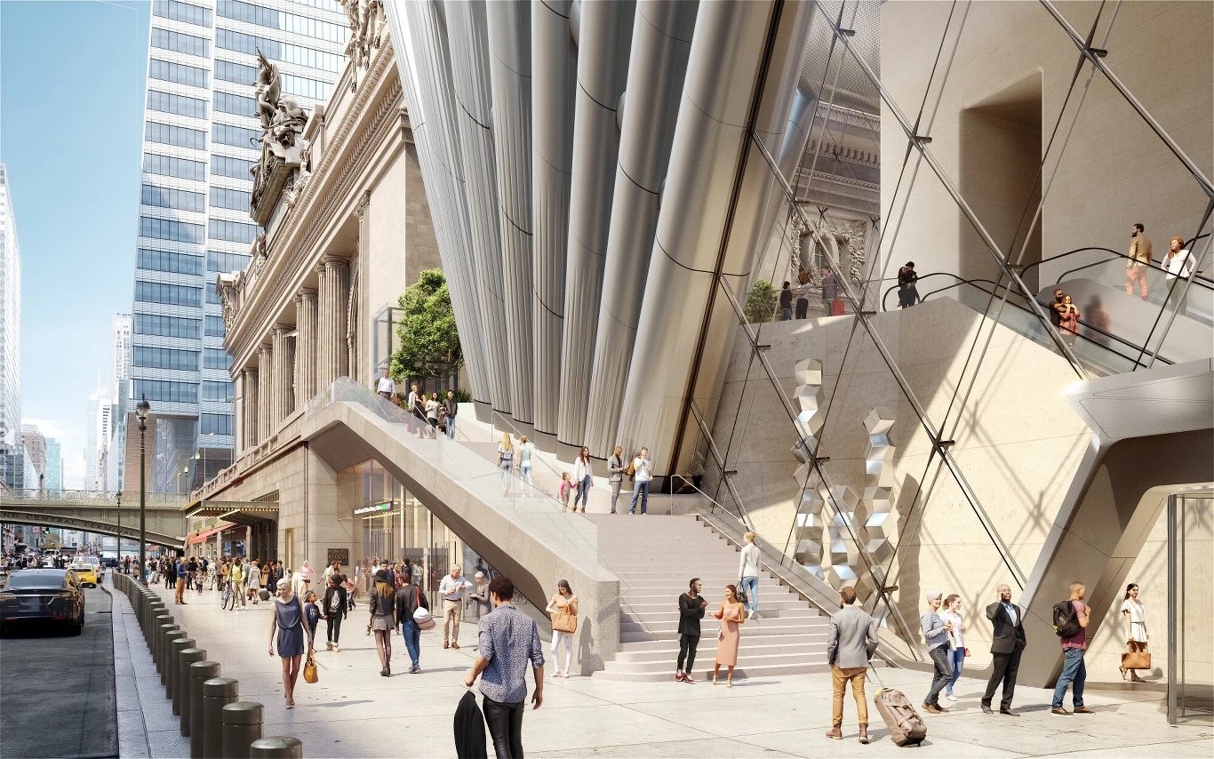 Nowoczesny budynek o geometrycznej, szklanej fasadzie z szerokimi schodami zewnętrznymi, liczni przechodnie oraz kontrastujące klasyczne elementy architektury po lewej stronie kadru.