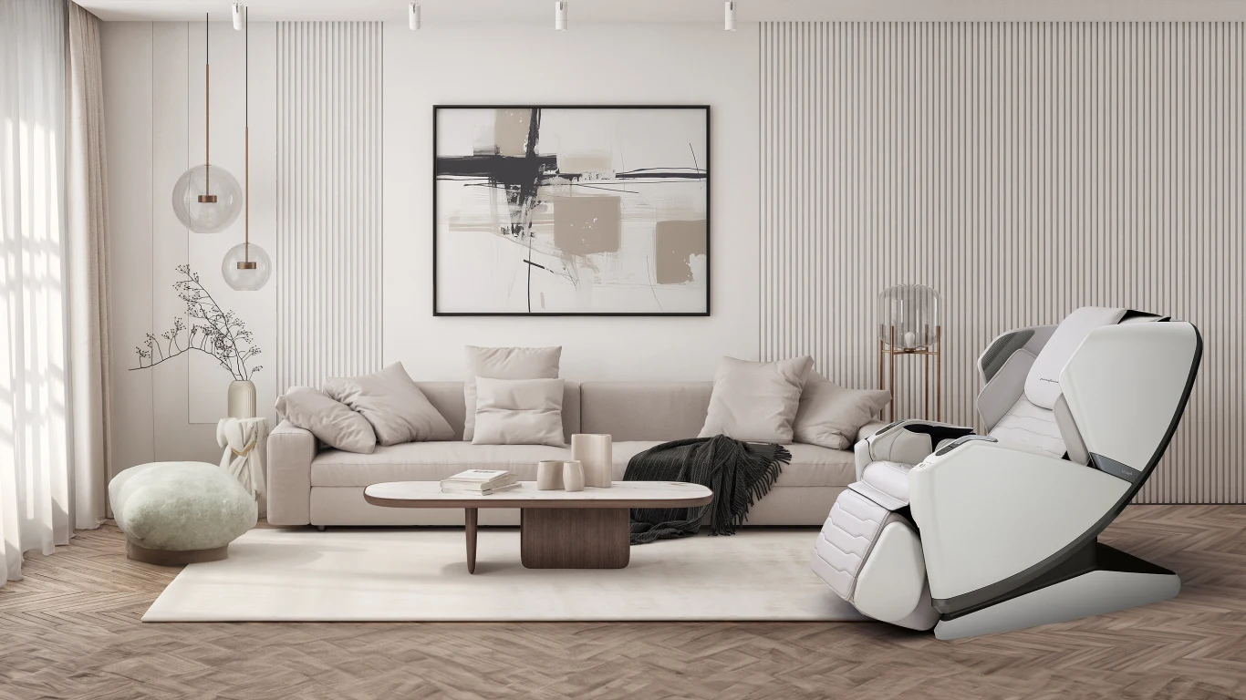 Przestronny, nowocześnie urządzony salon z jasną sofą, designerskim fotelem do masażu, minimalistycznym stolikiem kawowym oraz geometrycznym obrazem na ścianie.