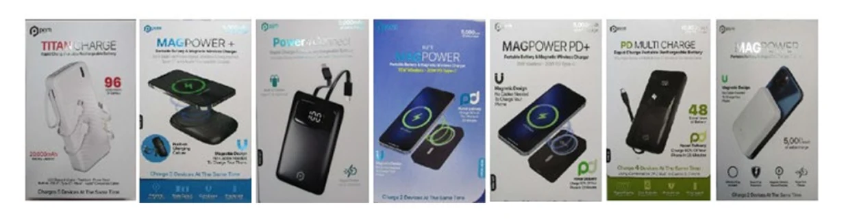 Opakowania różnych modeli powerbanków i ładowarek bezprzewodowych marki Green Cell ustawione obok siebie w rzędzie, na których widoczne są zdjęcia produktów, logotypy oraz specyfikacje techniczne.