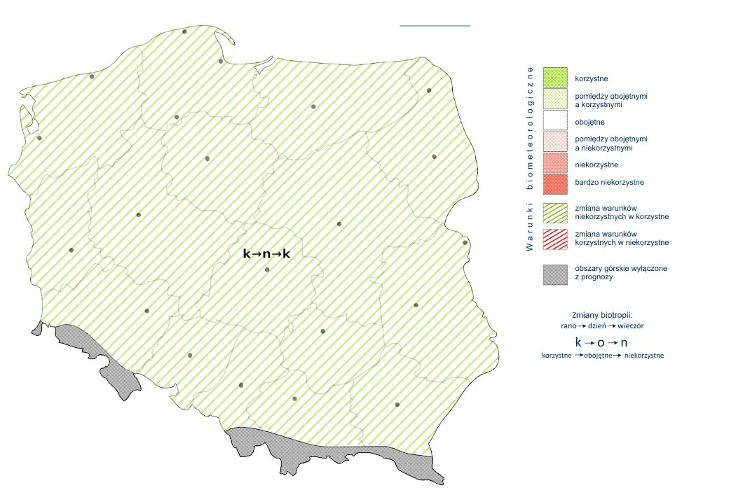 Przez większość środy warunki będą korzystne, jednak w okresie silniejszego wiatru pogorszą się do niekorzystnych Mapa Polski z oznaczeniem strefy korzystnych warunków biometeorologicznych, której obszar jest podkreślony zielonymi liniami i skrótem k-n-n-k, oraz z legendą wyjaśniającą rodzaje warunków biometeorologicznych i zmiany bioklimatu.