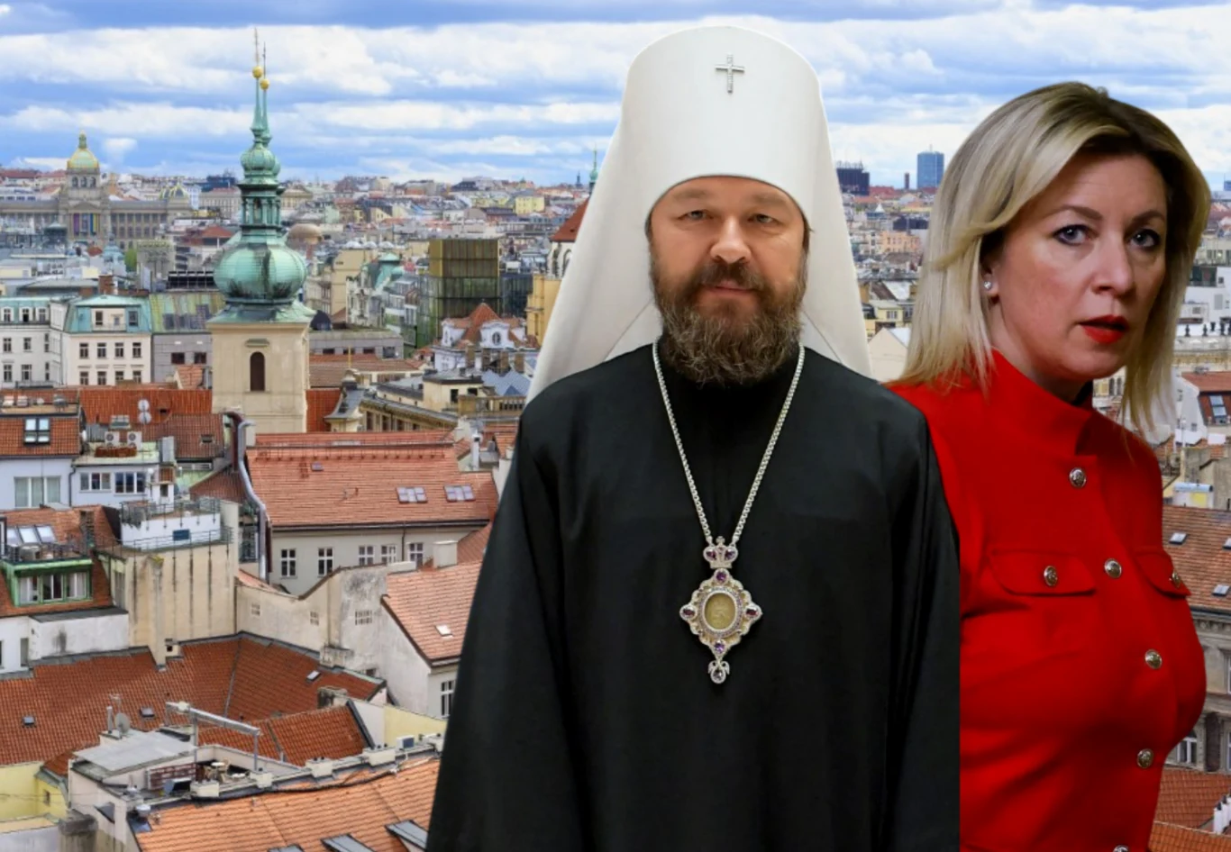 Duchowny prawosławny zatrzymany w Czechach. Na zdj. panorama Pragi, metropolita Hilarion i rzeczniczka rosyjskiego MSZ Marija Zacharowa Metropolita Hilarion i Marija Zacharowa na tle panoramy Pragi ze świątynią i czerwonymi dachami.