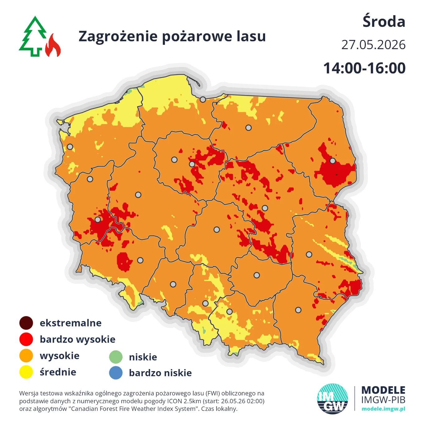 Środa może przynieść wysokie zagrożenie pożarowe w niemal całej Polsce, a najwyższe w centrum kraju i na jego zachodnich i wschodnich krańcach Mapa Polski z zaznaczonym poziomem zagrożenia pożarowego lasu, na której przeważają obszary oznaczone kolorem czerwonym i pomarańczowym, wskazując na bardzo wysokie i wysokie zagrożenie pożarami, szczególnie na północnym wschodzie, wschodzie i południo...