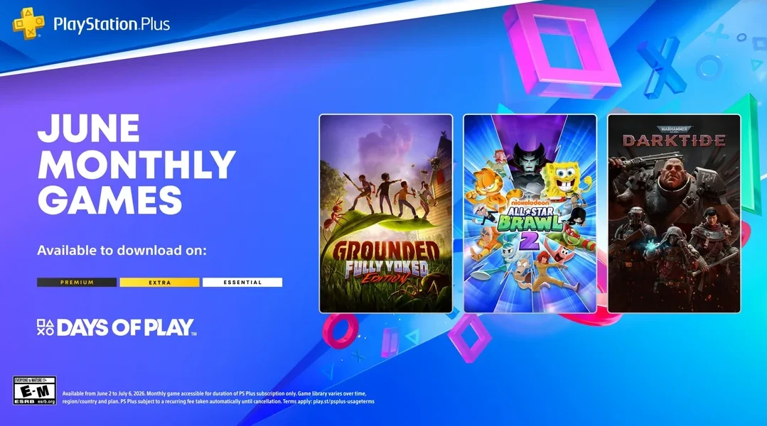 Trzy okładki gier: „Grounded”, „Nickelodeon All-Star Brawl 2” i „Warhammer 40,000: Darktide” na kolorowym tle promocyjnym PlayStation Plus z informacją o dostępności tytułów w ramach miesięcznych gier na czerwiec.