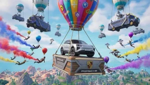 grafika promująca współpracę Epic Games (Fortnite) z marką Porsche