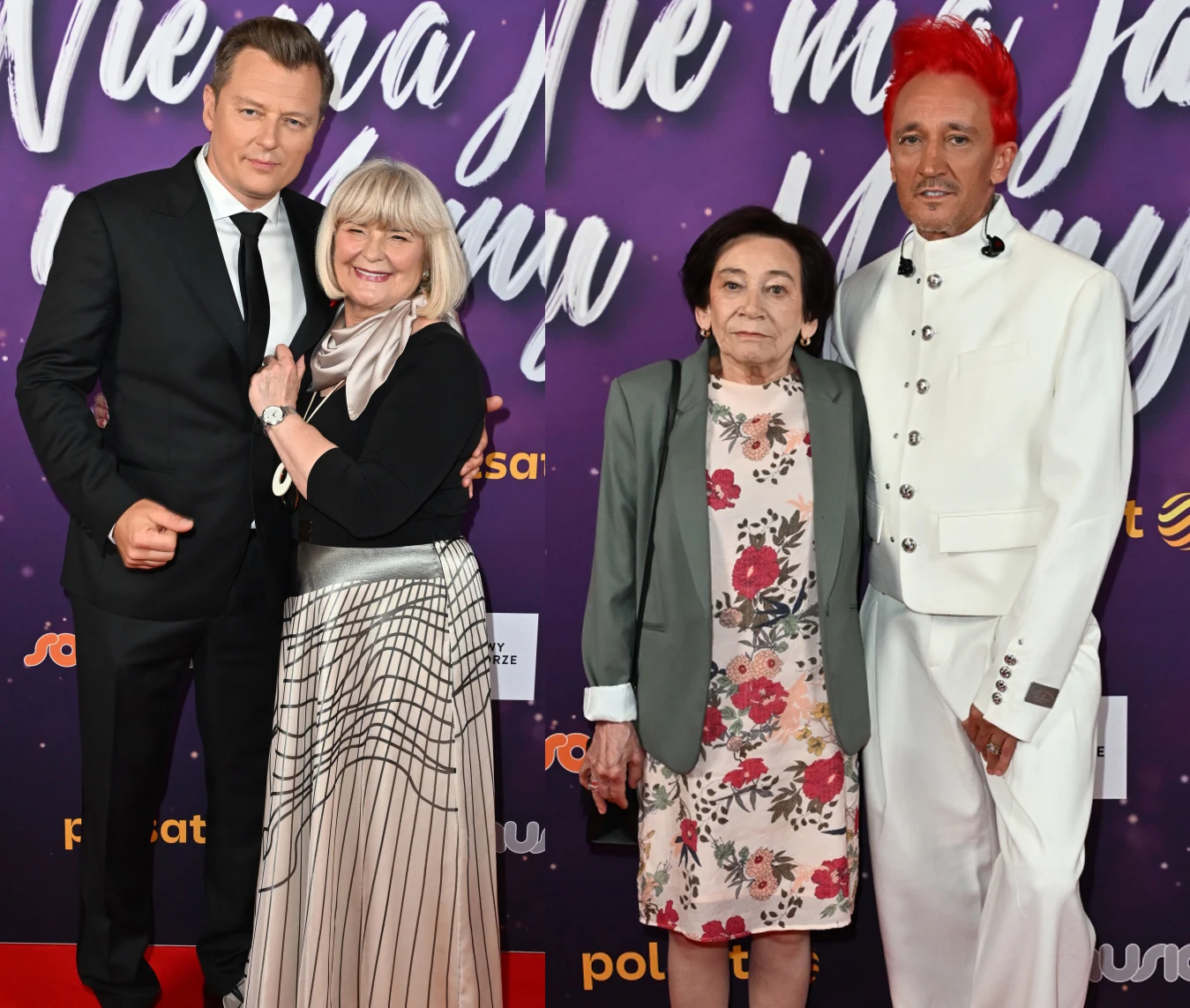 Cztery osoby pozujące razem na czerwonym dywanie przed fioletową ścianką z napisem; dwie elegancko ubrane pary, jedna kobieta w kwiecistej sukience i szarej marynarce, mężczyzna obok niej w białym garniturze z czerwonymi włosami, druga para w klasyczny...