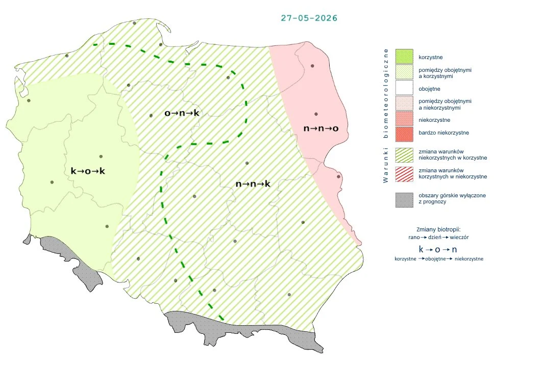 W zachodniej połowie kraju możemy liczyć na korzystne warunki, podczas gdy na wschodzie pogoda będzie zdecydowanie bardziej wymagająca Mapa Polski z podziałem na strefy fenologiczne według stopnia zaawansowania rozwoju roślin, z wyraźnie zaznaczonymi obszarami korzystnymi, opóźnionymi oraz niekorzystnymi, oznaczonymi różnymi kolorami oraz liniami i symbolami fenologicznymi.