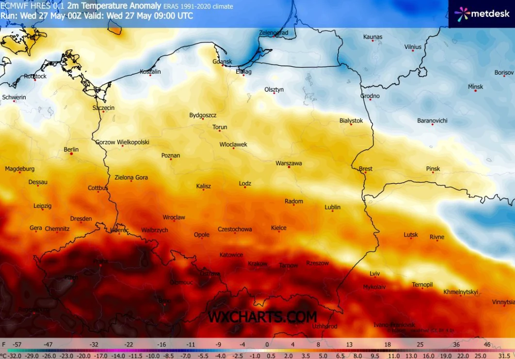 W środę najcieplej będzie na południu Polski, jednak tym razem do progu upału sporo zabraknie Mapa Polski ilustrująca anomalię temperatury powietrza na tle normy wieloletniej, z widocznym wyraźnym ociepleniem w południowej i południowo-zachodniej części kraju oraz chłodniejszymi barwami na północnym wschodzie, na tle głównych miast i granic woj...