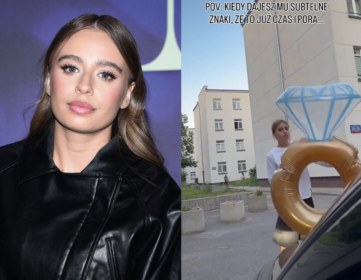 Oliwia Bieniuk pokazała ogromny pierścień Młoda kobieta w skórzanej kurtce patrzy w stronę aparatu oraz dziewczyna stojąca na tle bloku obok dużego, dmuchanego pierścionka z brylantem przy samochodzie, z napisem sugerującym aluzję do oświadczyn.