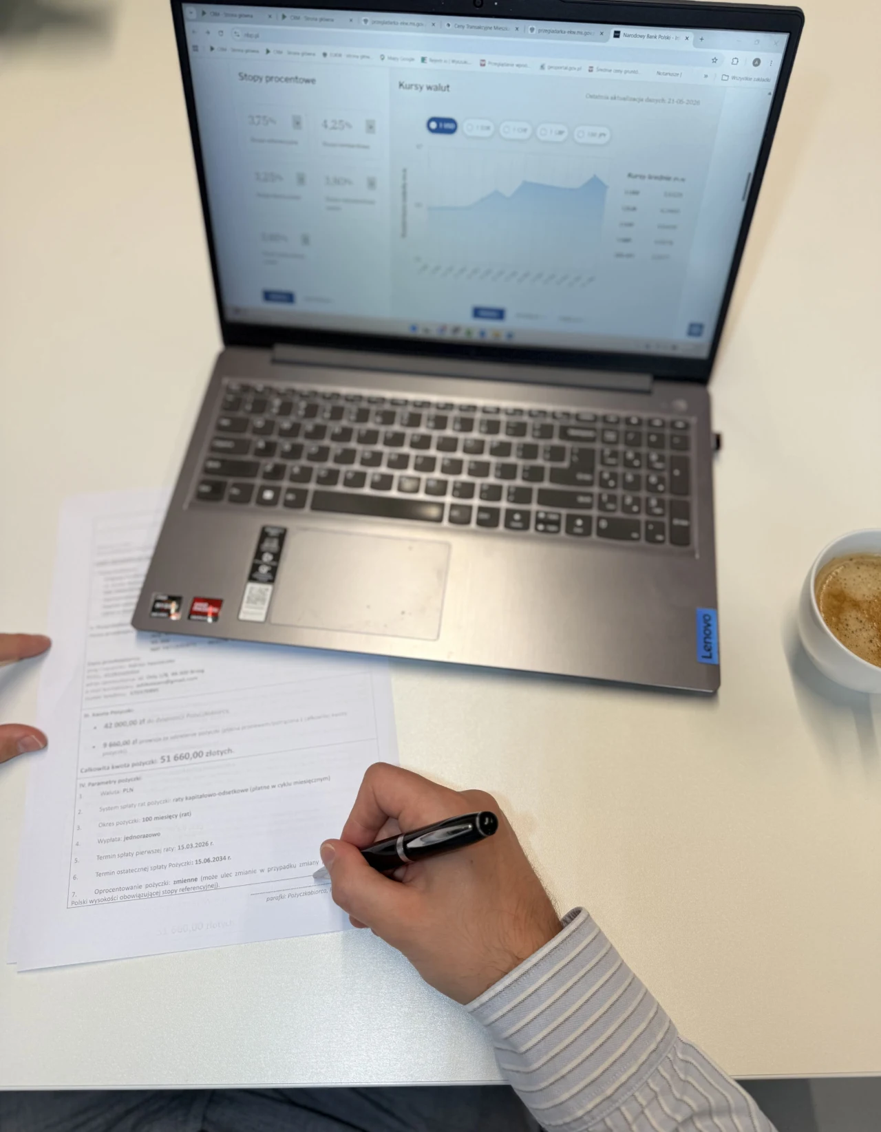 Pożyczki pod zastaw nieruchomości Osoba analizująca dane na ekranie laptopa i robiąca notatki na wydrukowanym dokumencie, obok leży filiżanka kawy.
