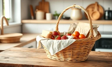Wiklinowy koszyk z weekendowymi zakupami: masło Łaciate, jaja, pomidory na drewnianym blacie kuchennym