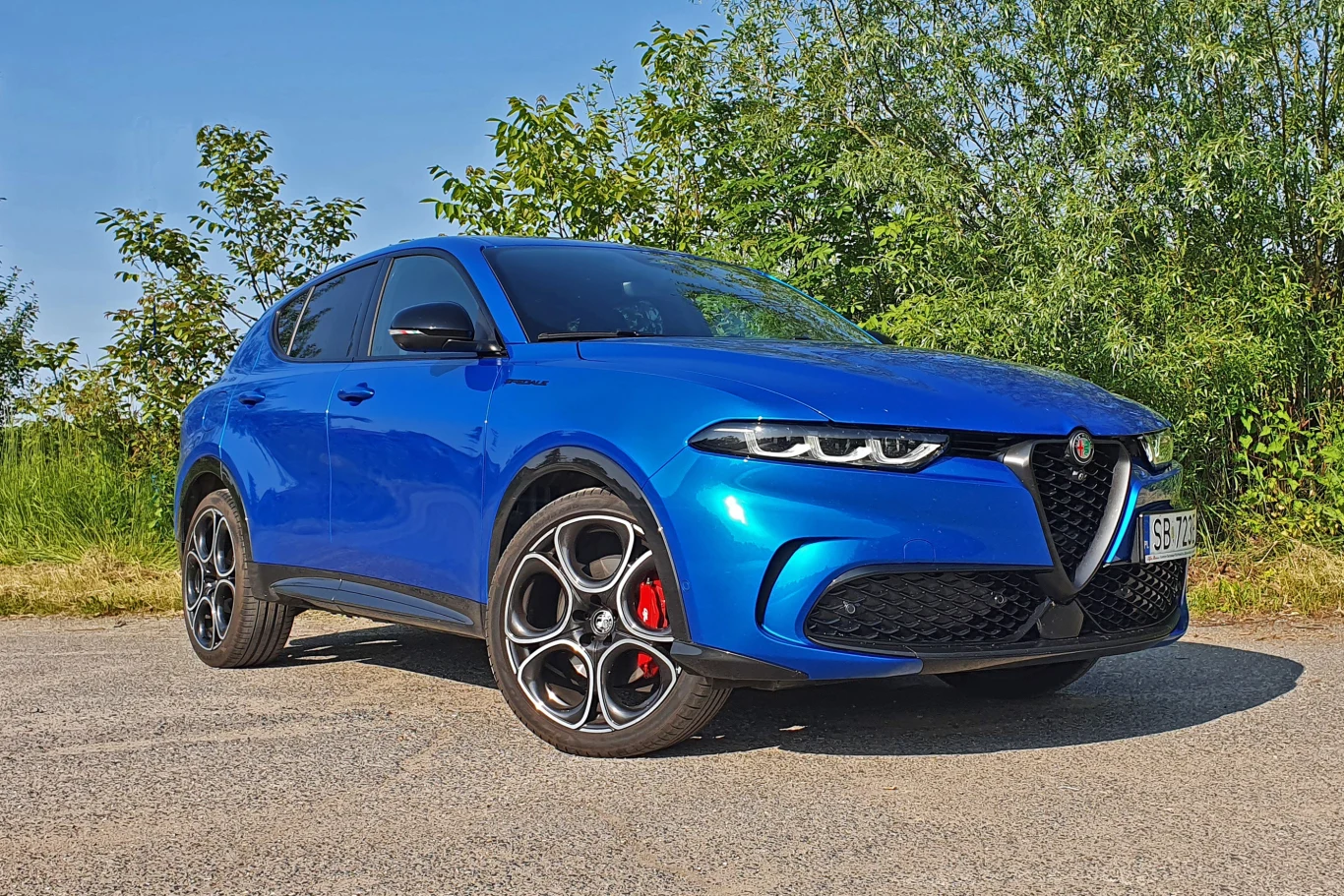 Niebieski SUV Alfa Romeo z charakterystycznym przednim grillem, nowoczesnymi reflektorami LED i sportowymi felgami, ustawiony na asfaltowej nawierzchni na tle zielonej roślinności.