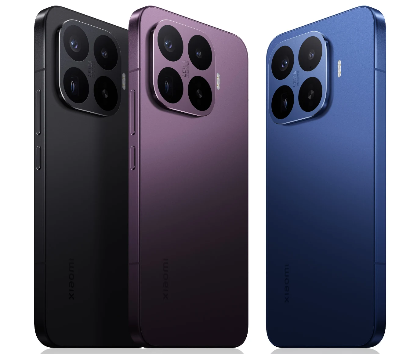 Trzy nowoczesne smartfony Xiaomi w kolorach czarnym, fioletowym i niebieskim, każdy z dużą potrójną wyspą aparatów oraz minimalistyczną obudową o matowym wykończeniu.