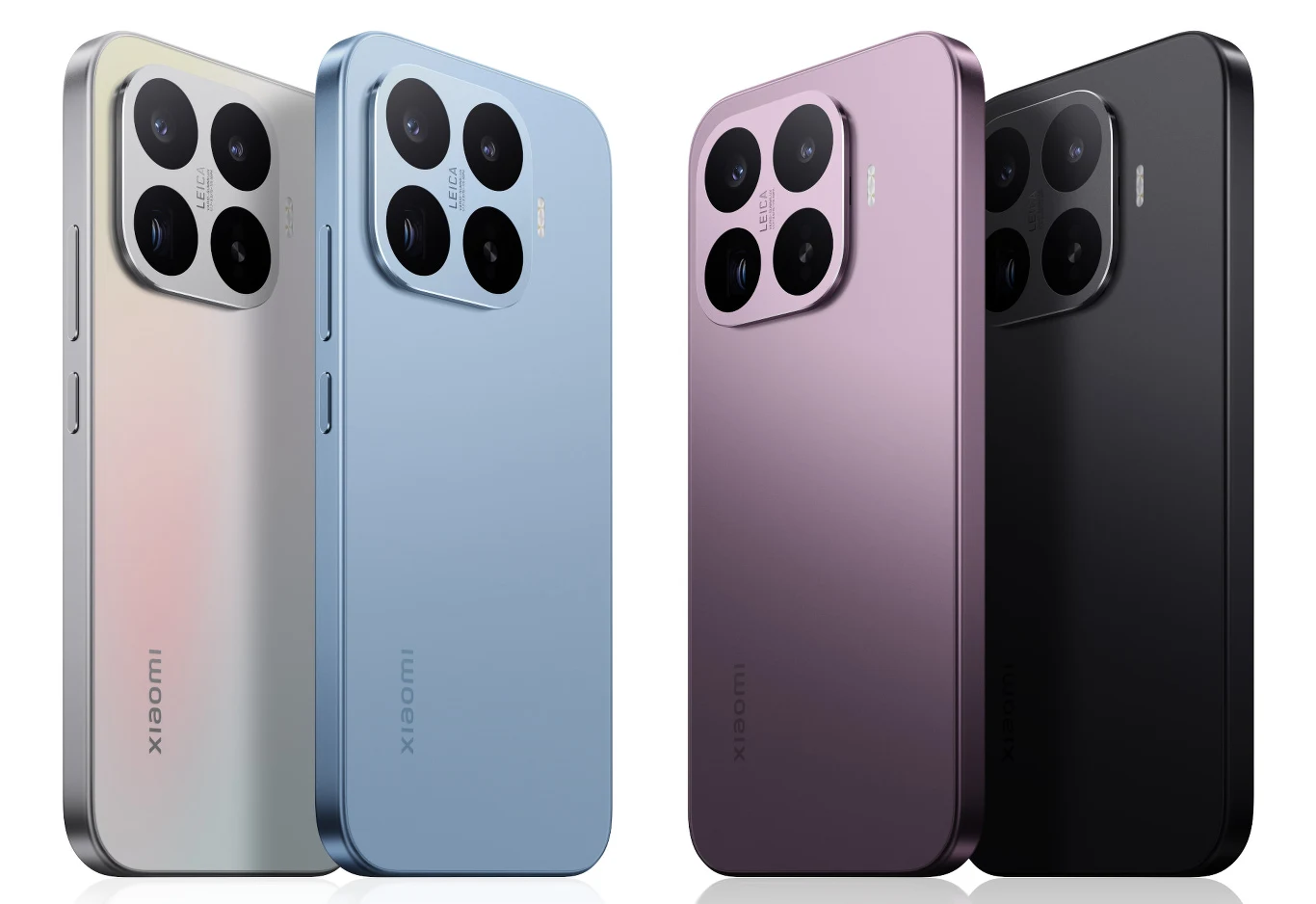 Cztery smartfony marki Xiaomi w różnych kolorach, ustawione tyłem, eksponujące moduły aparatów fotograficznych z czterema obiektywami każde, na gładkim, jasnym tle.