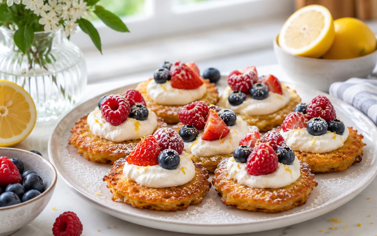 Mini placki ziemniaczane z cytrynową ricottą i owocami Mini placki ziemniaczane z cytrynową ricottą i świeżymi owocami ułożone na talerzu w jasnej kuchni