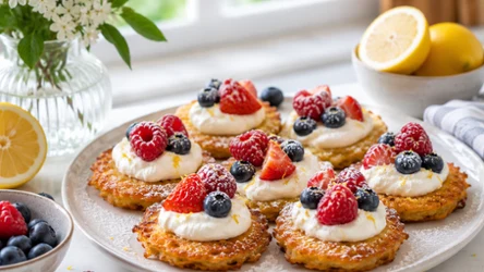 Mini placki ziemniaczane z cytrynową ricottą i owocami
