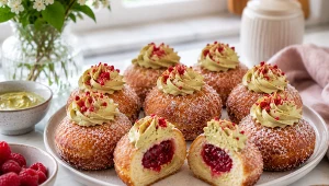 Mini pączki z kremem pistacjowym i frużeliną malinową