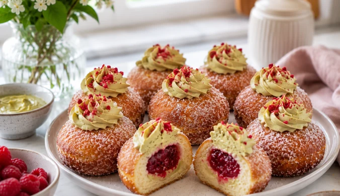 Mini pączki z kremem pistacjowym i frużeliną malinową