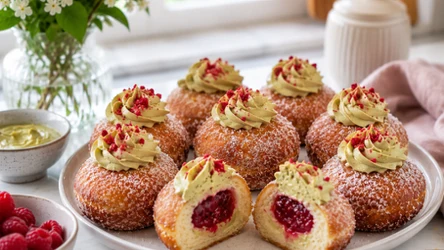 Mini pączki z kremem pistacjowym i frużeliną malinową