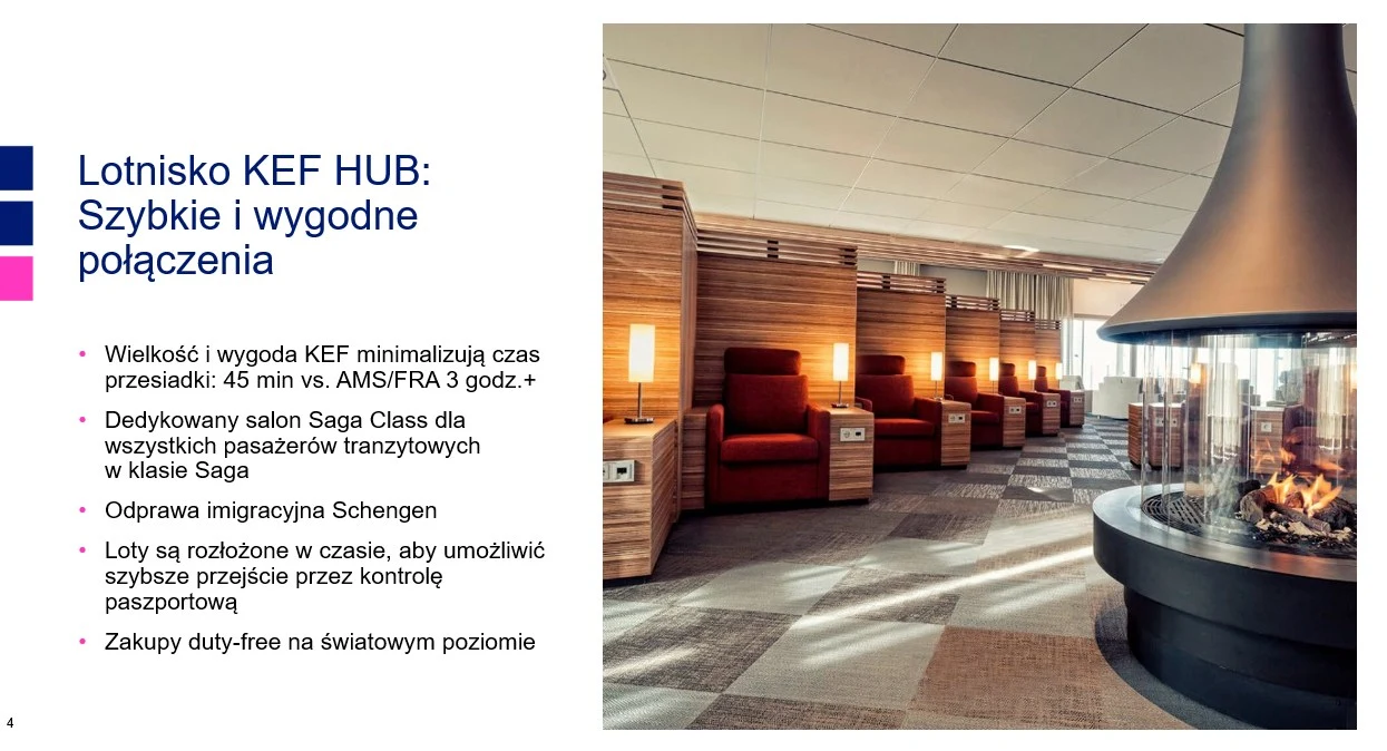 Przestronny salon lotniskowy z wygodnymi fotelami, indywidualnym oświetleniem i centralnie umieszczonym kominkiem, tworzącymi komfortową strefę relaksu dla podróżnych.