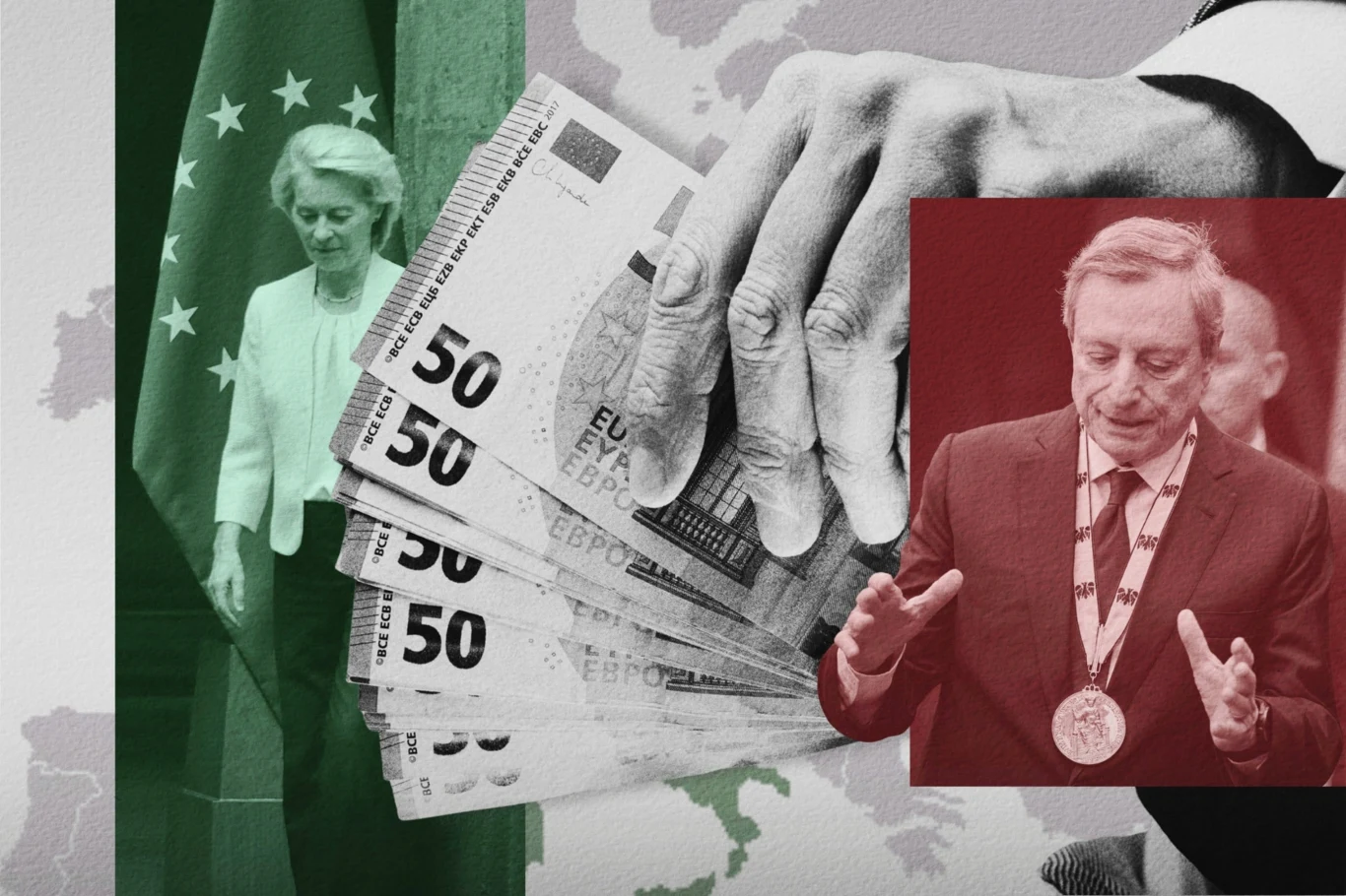 Ogromny zastrzyk finansowy z UE nie pomógł Włochom podreperować gospodarki Stos banknotów 50 euro w dłoni, Ursula von der Leyen na tle flagi UE, Mario Draghi w czerwonej ramce.