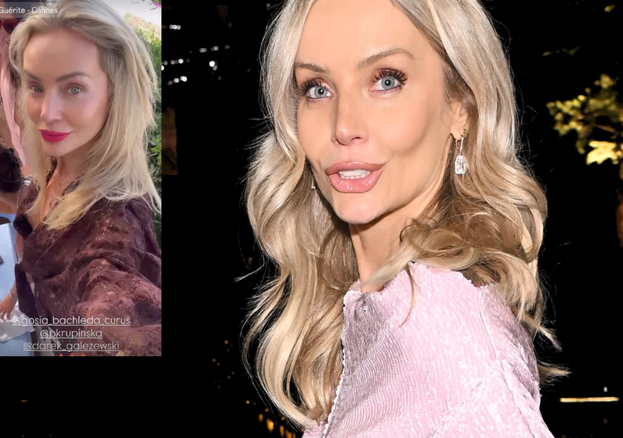Agnieszka Woźniak-Starak przyłapana na urlopie Kobieta o jasnych włosach w eleganckiej stylizacji, patrząca w stronę obiektywu, w tle rozmyte światła oraz fragment ekranu z selfie w podobnym stroju.