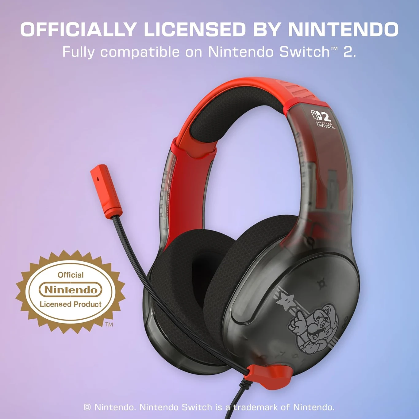Czarno-czerwone słuchawki gamingowe z mikrofonem, ozdobione grafiką z postacią Mario oraz logo Nintendo, przeznaczone do Nintendo Switch.